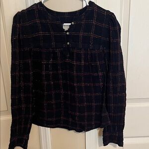La Vie Plaid Button-Up Blouse - Navy, maroon with gold accents.